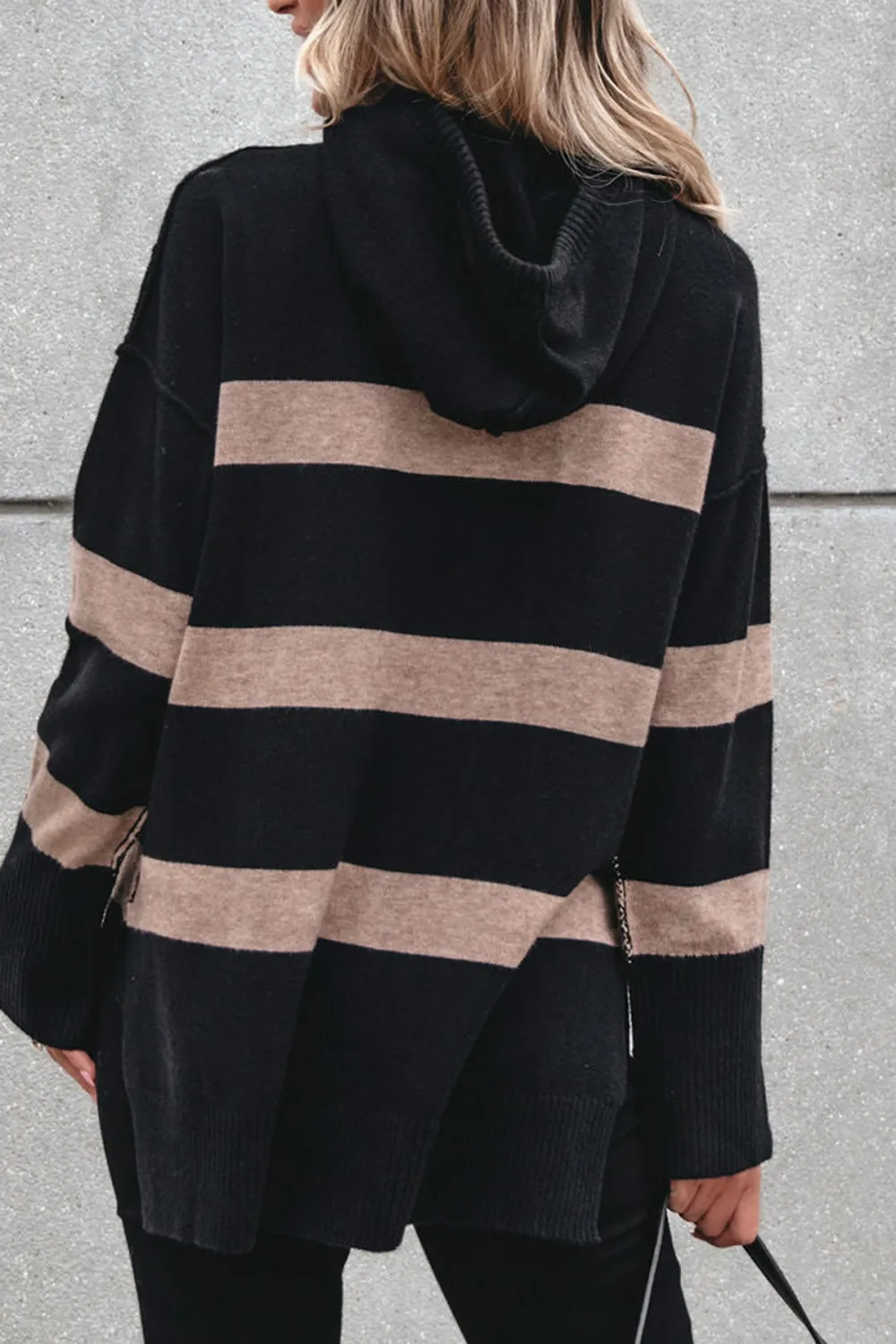 Black and Taupe Striped Hooded Sweater