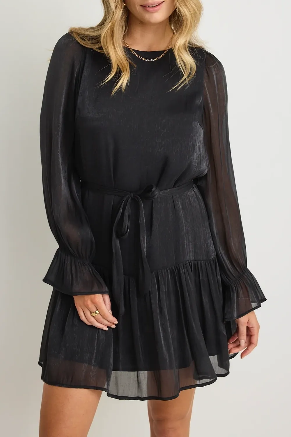 Liquid Black Shimmer LS Shift Mini Dress