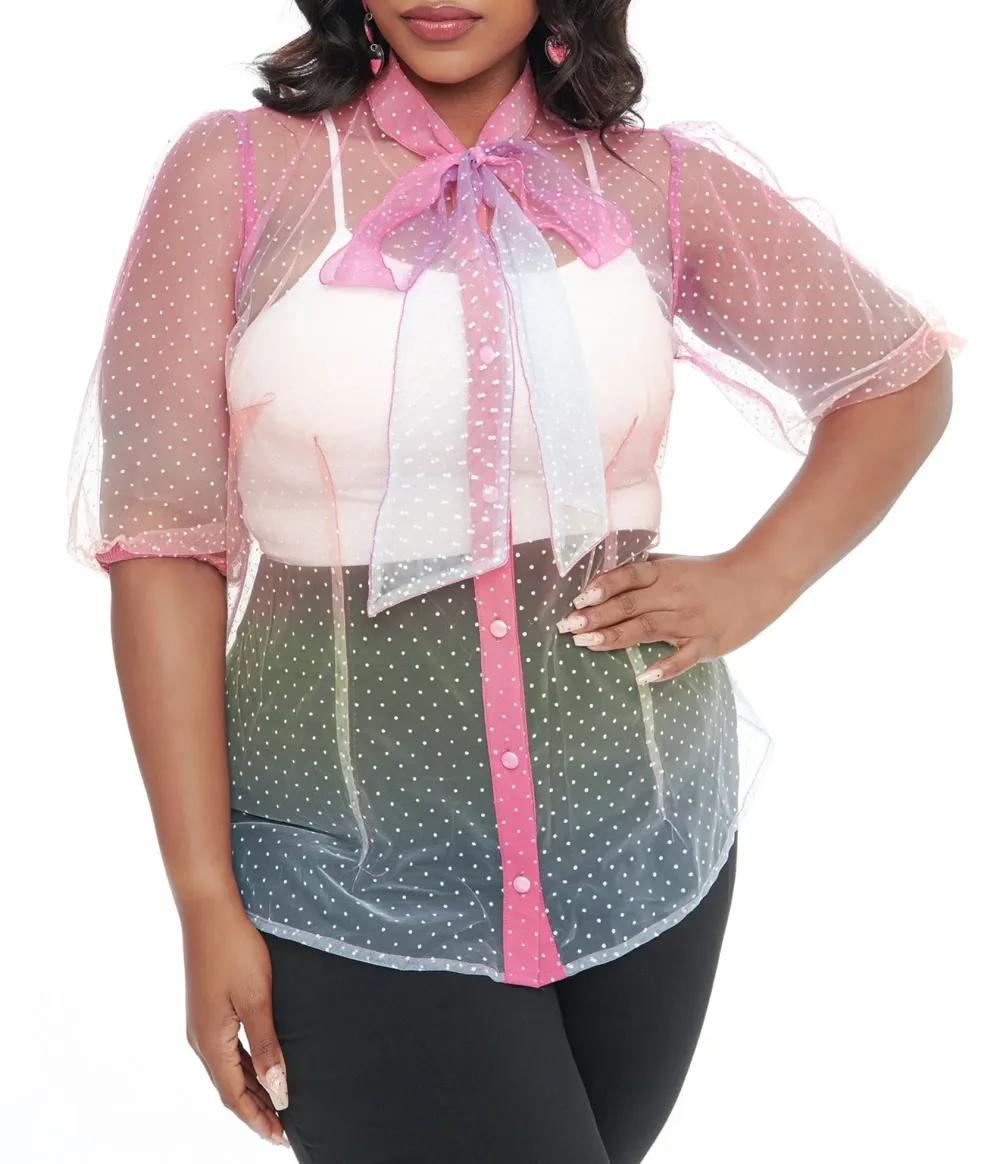 Unique Vintage Plus Size 1940s Sheer Rainbow Clip Dot Tie Neck Gwen Blouse