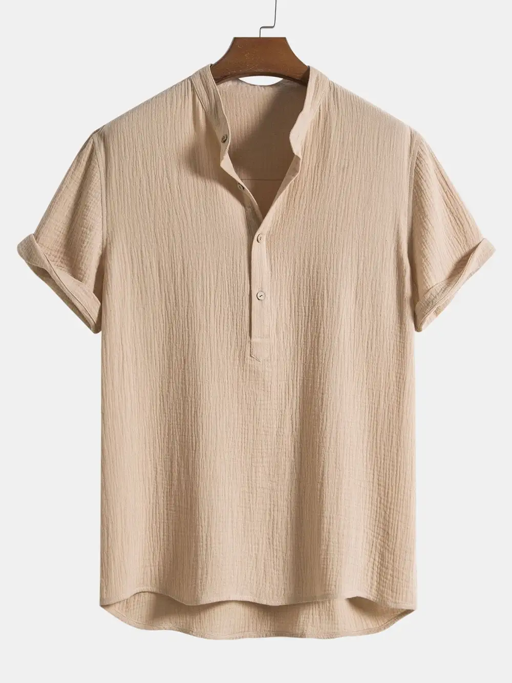 Wrinkled Cotton Half Open Placket Henley Collar Shirt & Straight Leg Linen Pants