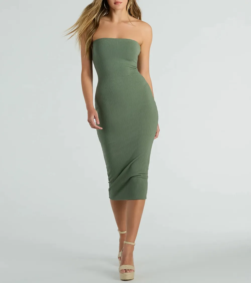 She's The Main Rib Knit Strapless Midi Dress