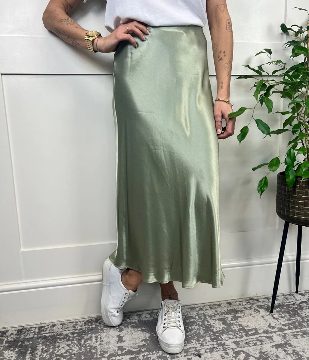 Green Satin Midi Slip Skirt