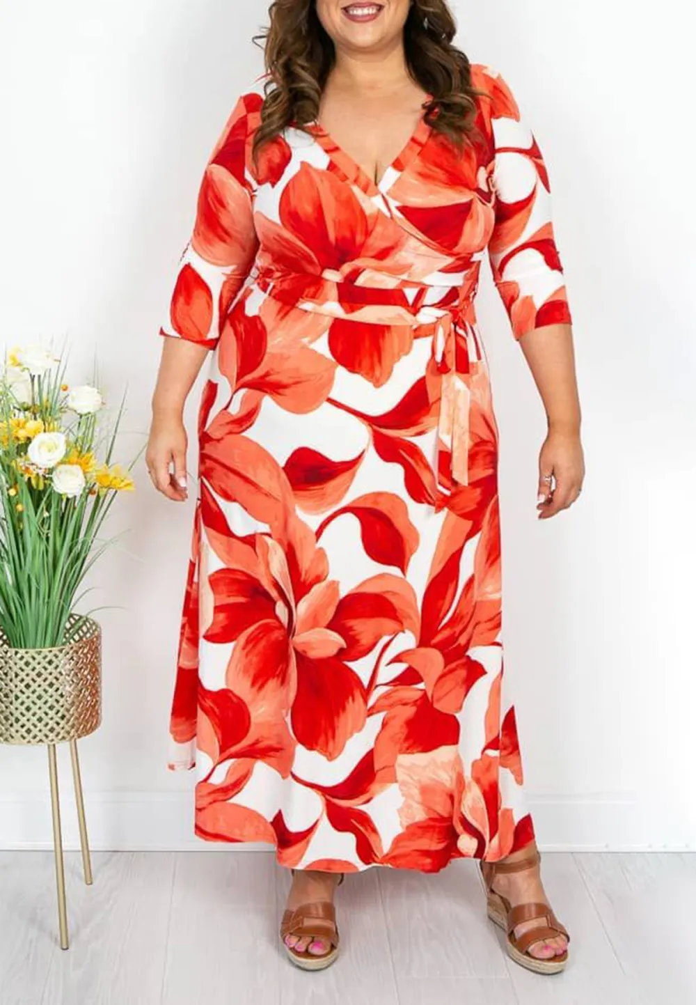 Red and Orange Floral Maxi Dress