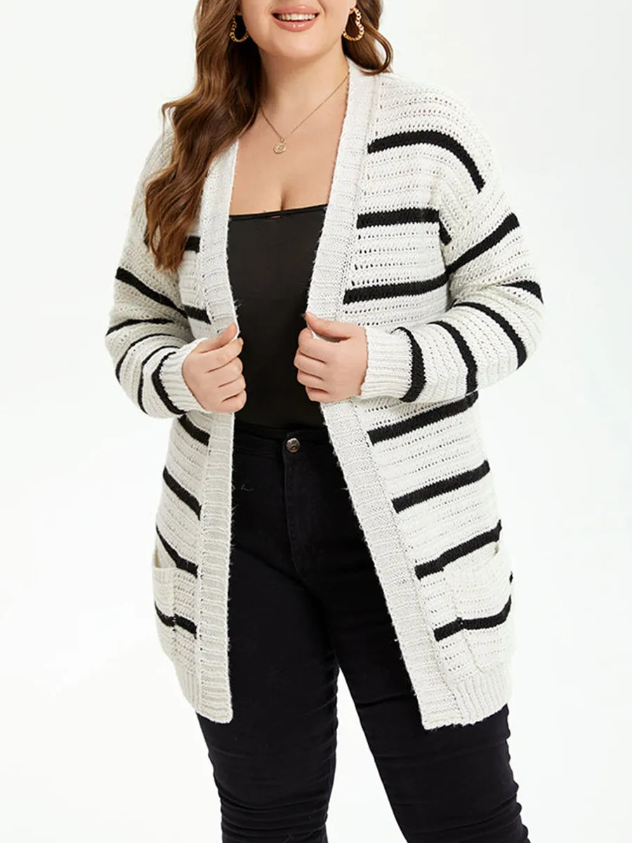 Striped Pattern Drop Shoulder Open Front Cardigan