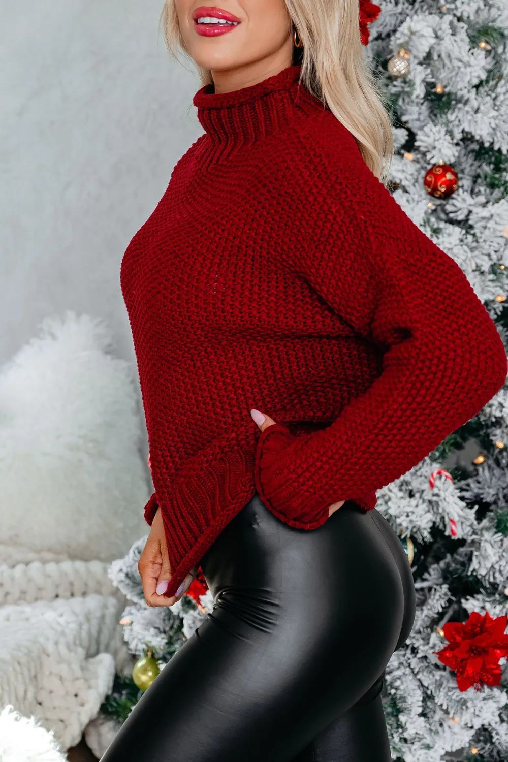 Dark Red Textured Turtleneck Sweater