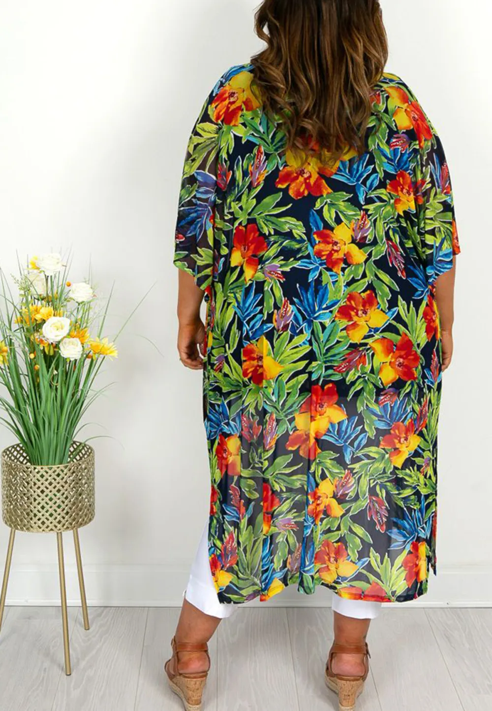 Tropical Print Mesh Kimono Jacket