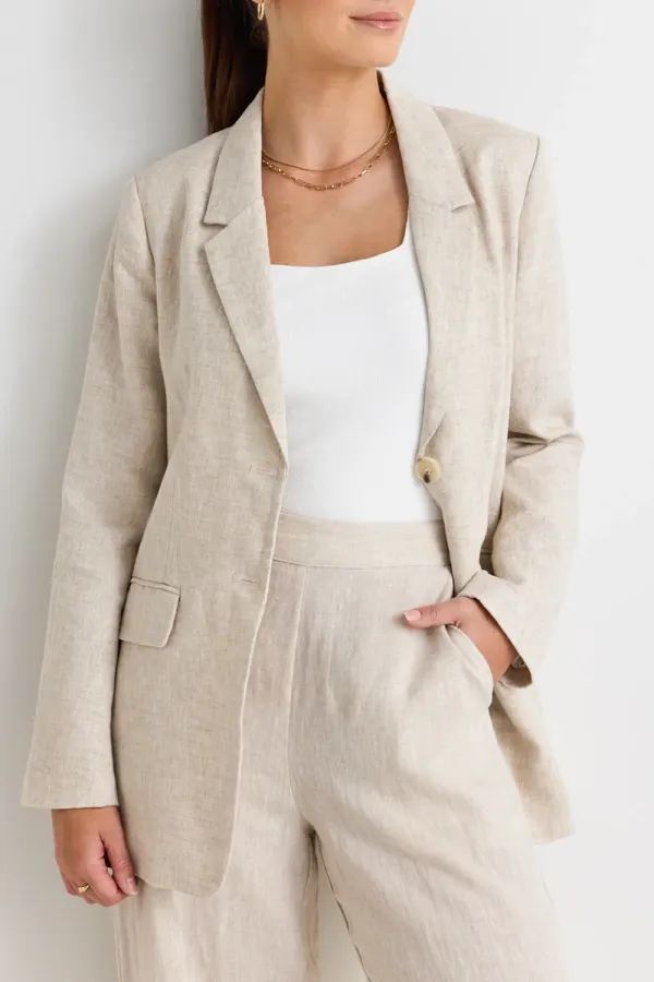 Aster Natural Linen Single Breasted Longline Blazer