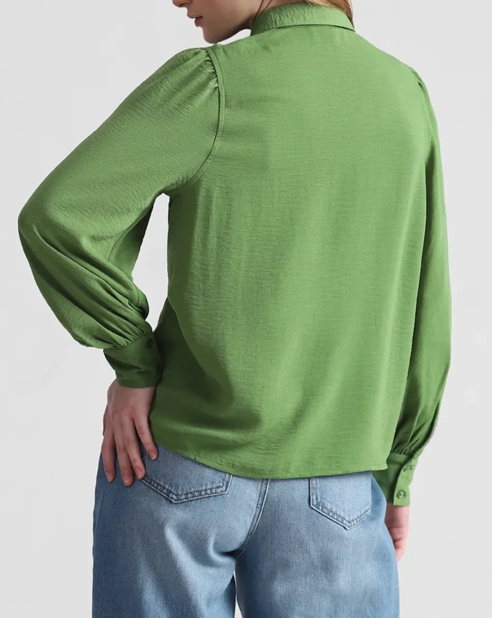 Green Puff Sleeves Textured Shirt