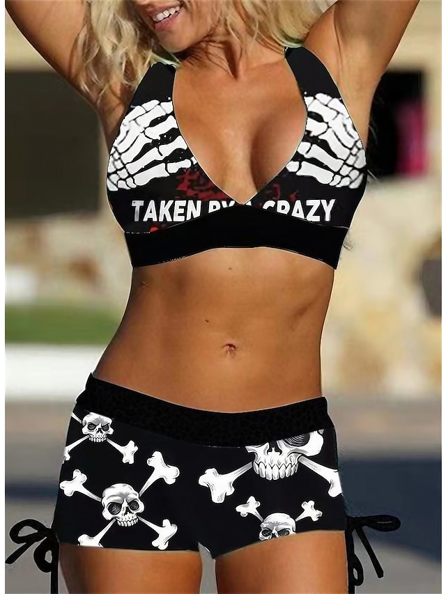 Women's Swimwear Bikini 2 Piece Plus Size Swimsuit Open Back Printing Leopard Skull White Blue Purple Red V Wire Bathing Suits New Vacation Holiday / Modern / Letter / Flower / Padded Bras