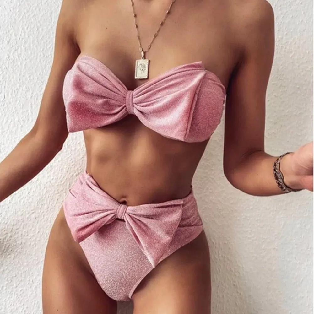 Luna Glitter Bowknot Decor Strapless Bikini Set