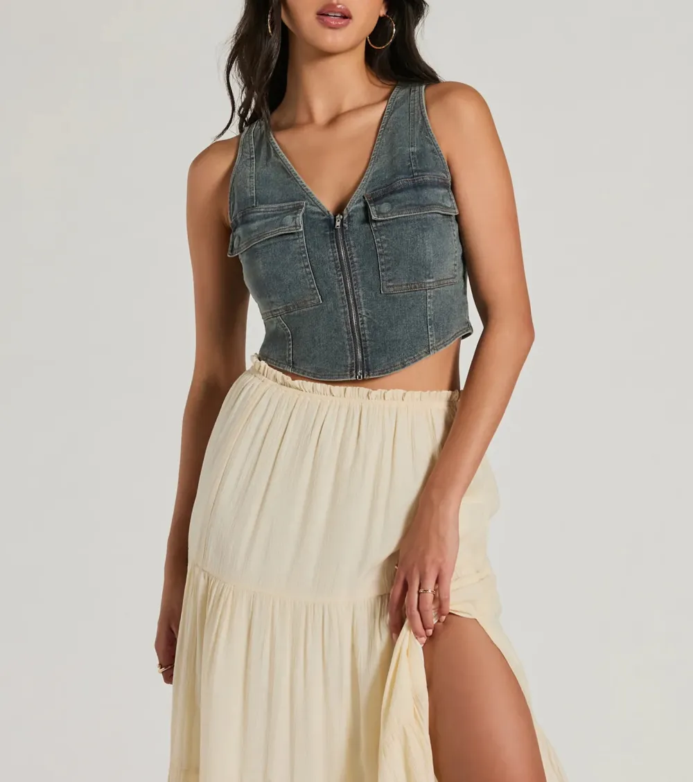 Definite Icon Zip Up Pocket Denim Vest