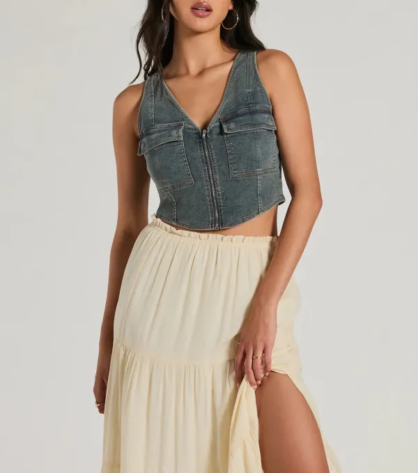 Definite Icon Zip Up Pocket Denim Vest