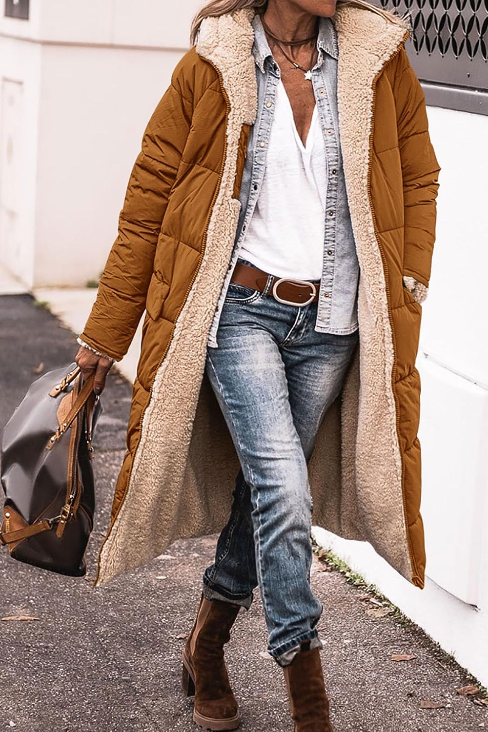 Women's 2023 Warm Winter Coats Reversible Sherpa Fleece Long Hooded Puffer Jackets Outerwear