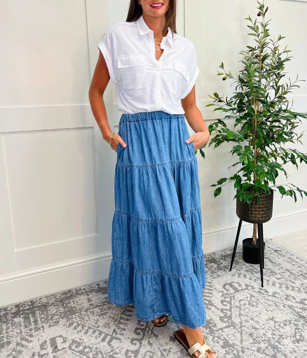 Denim Tiered Midi Skirt