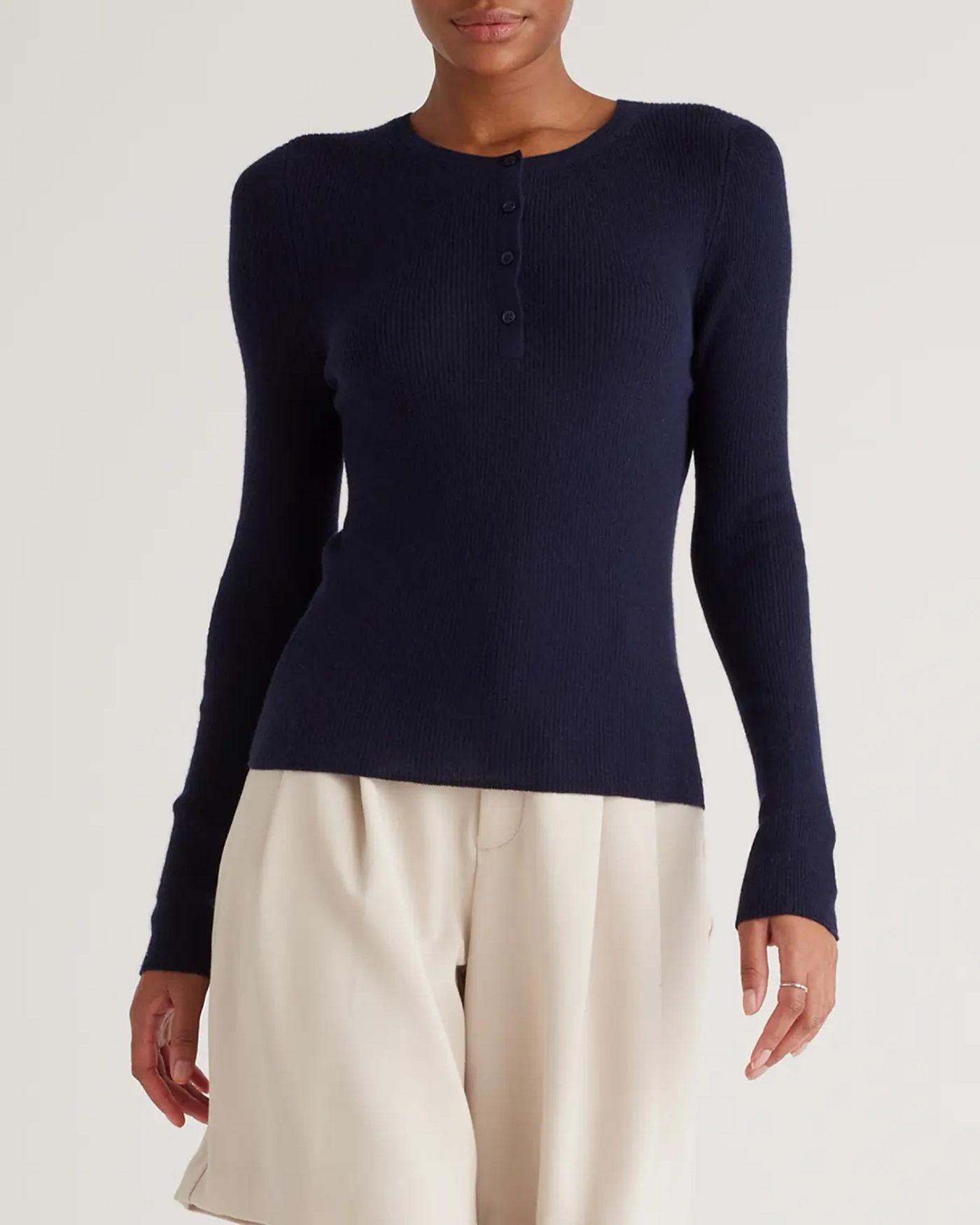 Featherweight Cashmere Ribbed Henley Sweater