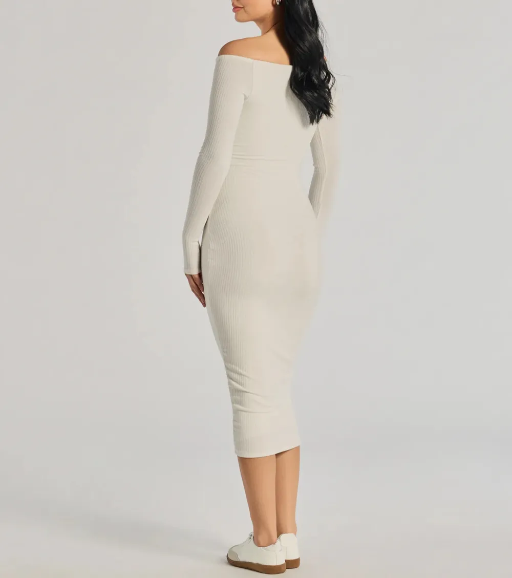 Sleek Vibes Off The Shoulder Knit Midi Dress