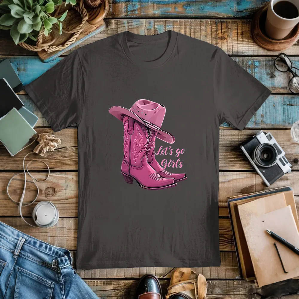 Trendy Pink Cowgirl Boots & Hat Graphic Tee