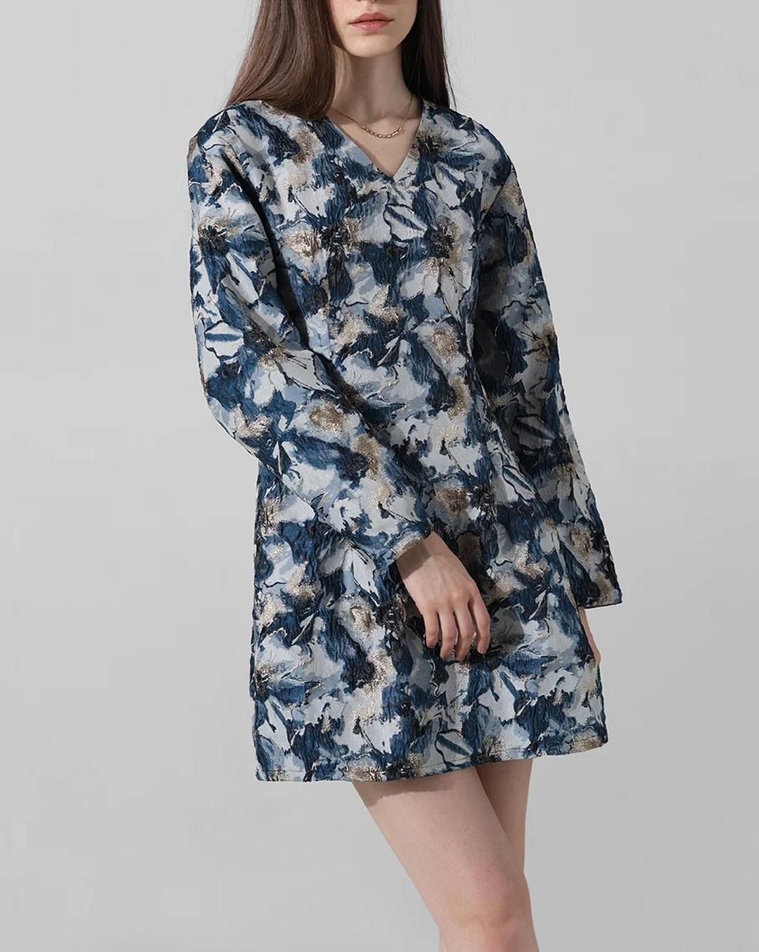 Blue Floral Jacquard Mini Dress