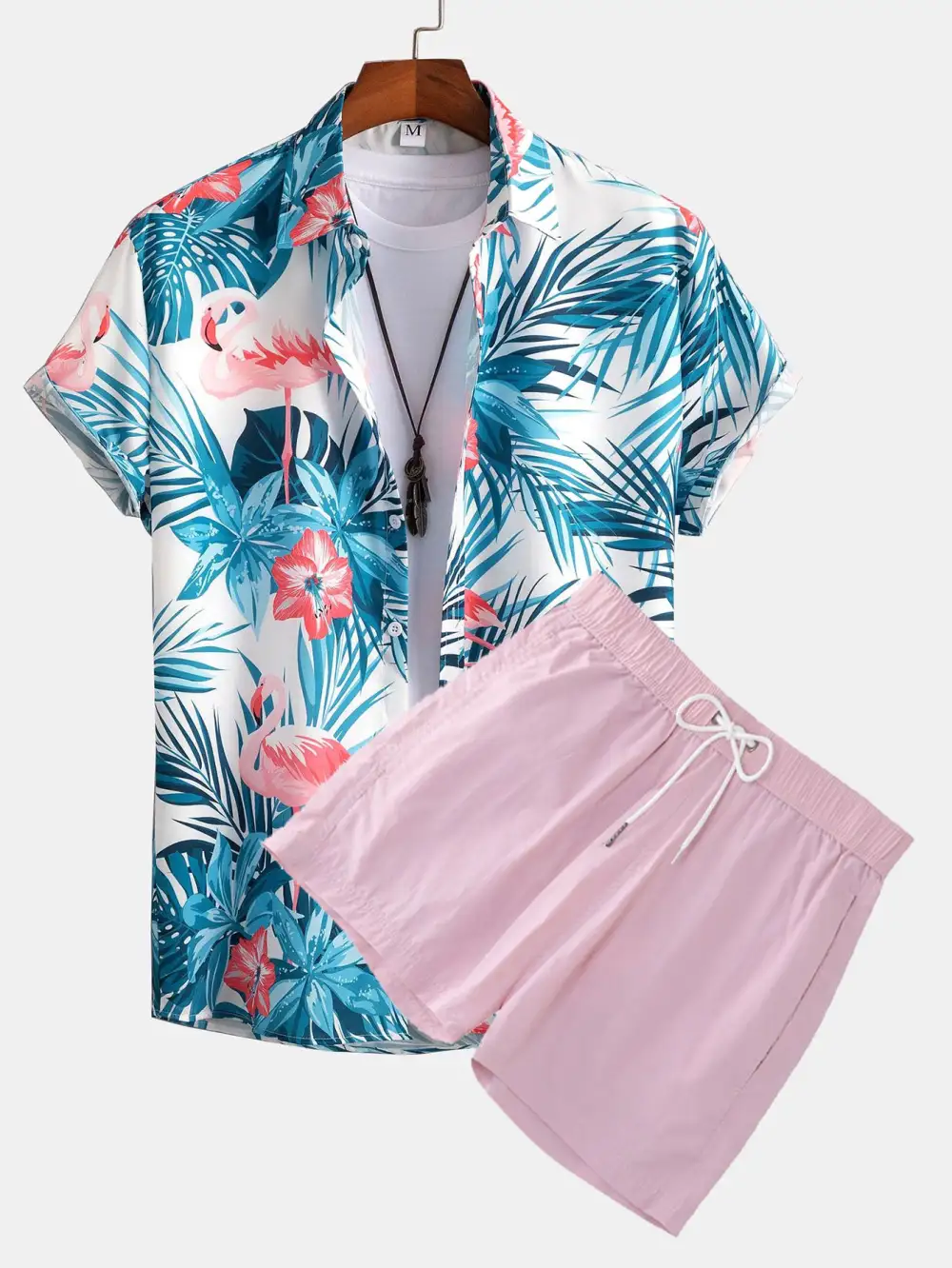 Flamingo Tropical Print Button Up Shirt & Short Length Swim Shorts