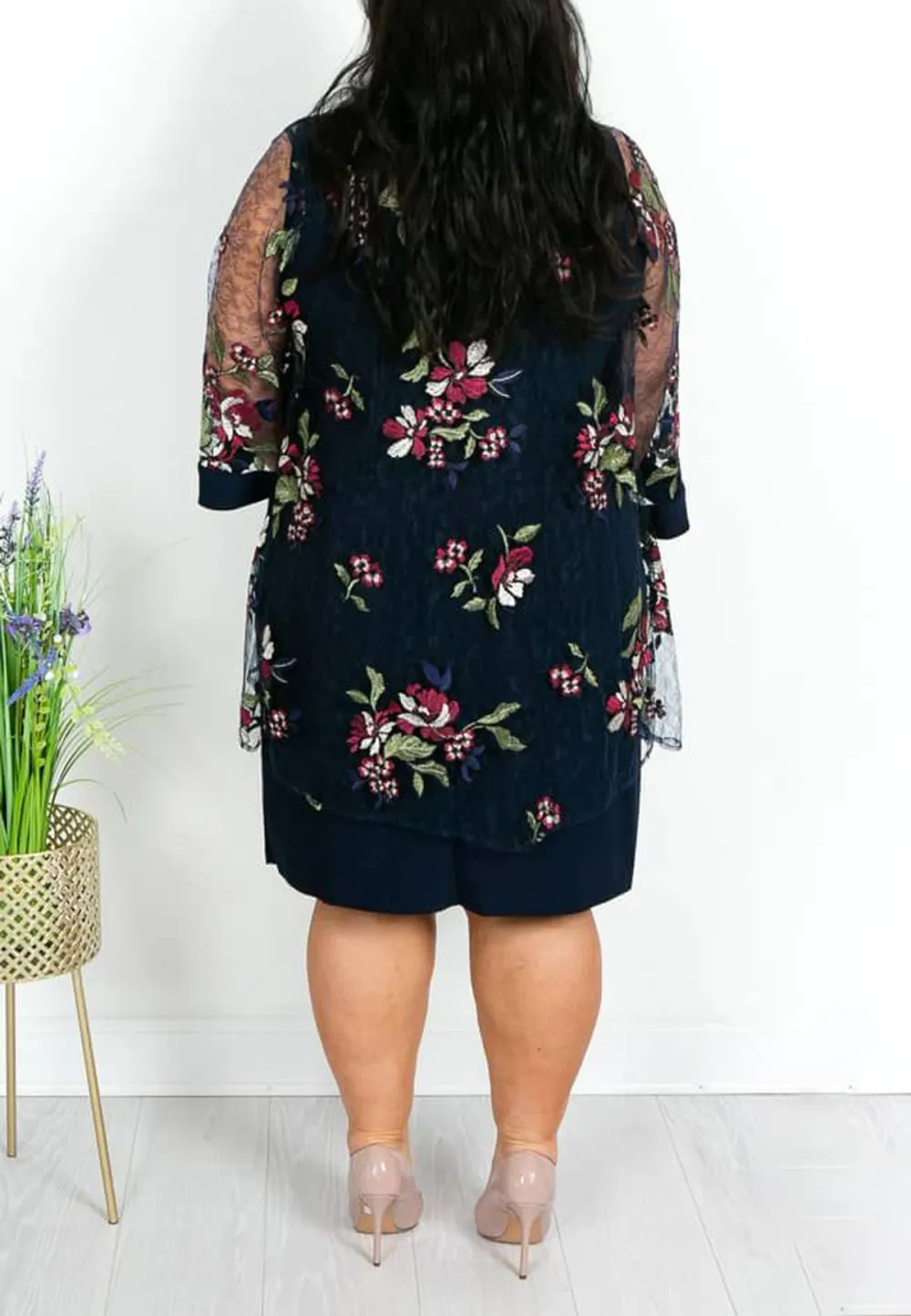 Navy Floral Dress and Mesh Jacket