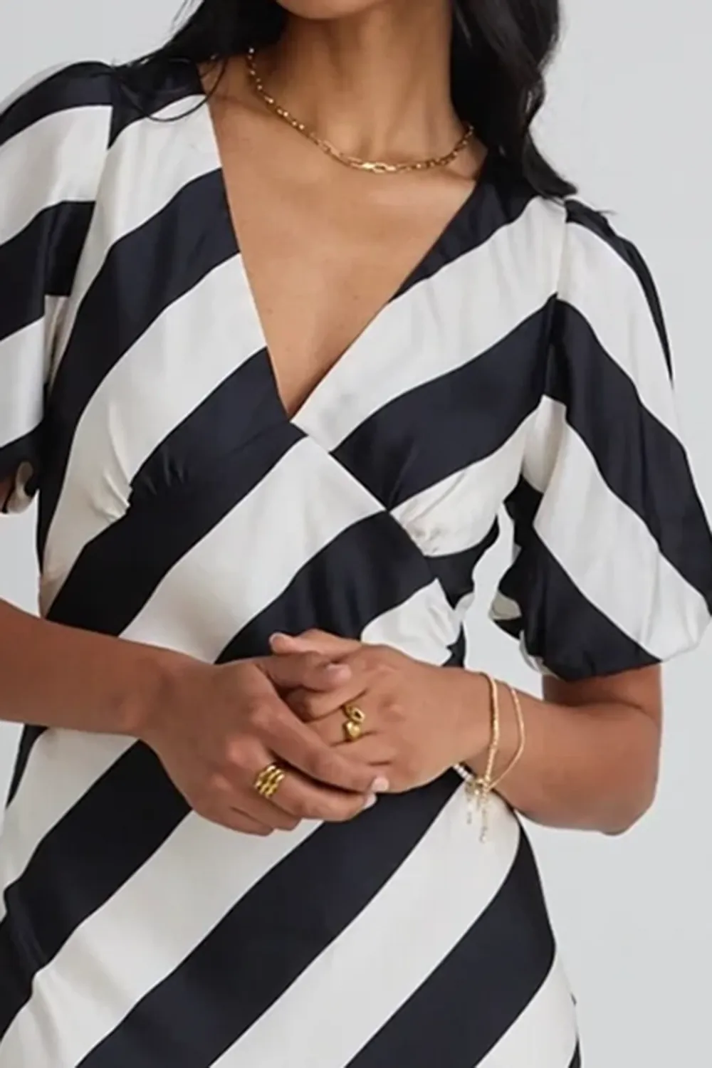 Amora Black White Stripe SS Bias Midi Dress