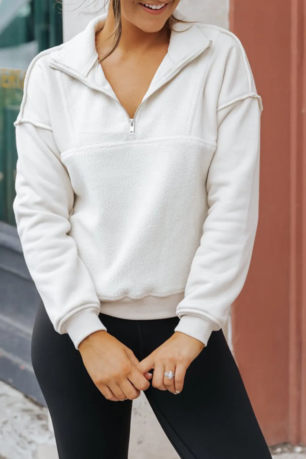 Ivory Half Zip Up Fleece Sweatshirt