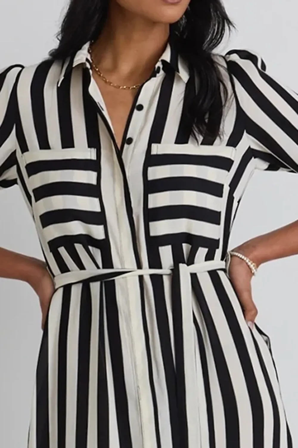 Cyprus Black And White Stripe LS Shirt Midi Dress