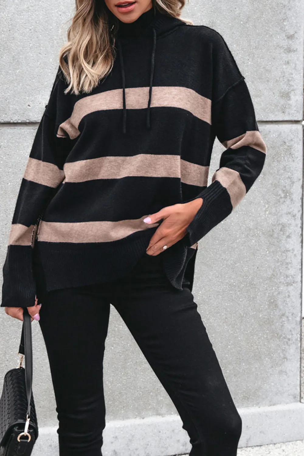 Black and Taupe Striped Hooded Sweater