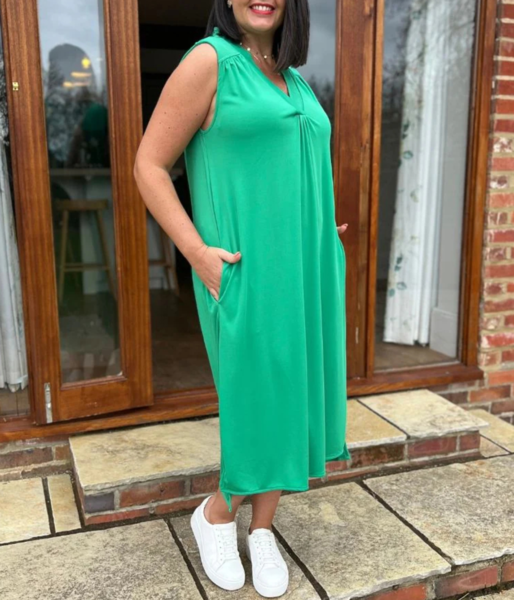 Green V Neck Shift Dress