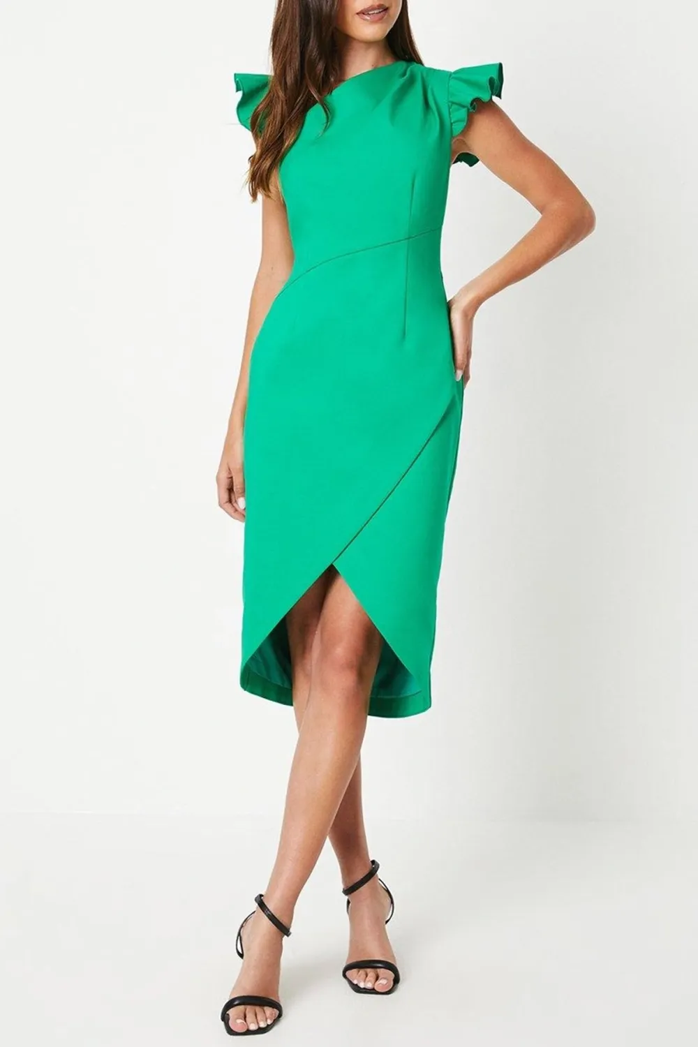 Frill Shoulder Asymmetrical Wrap Pencil Dress