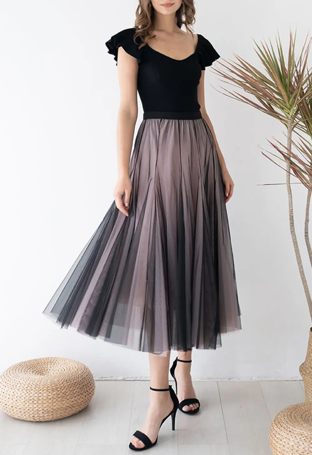 MIXTURE COLOR PANELLED TULLE MAXI SKIRT IN BLACK