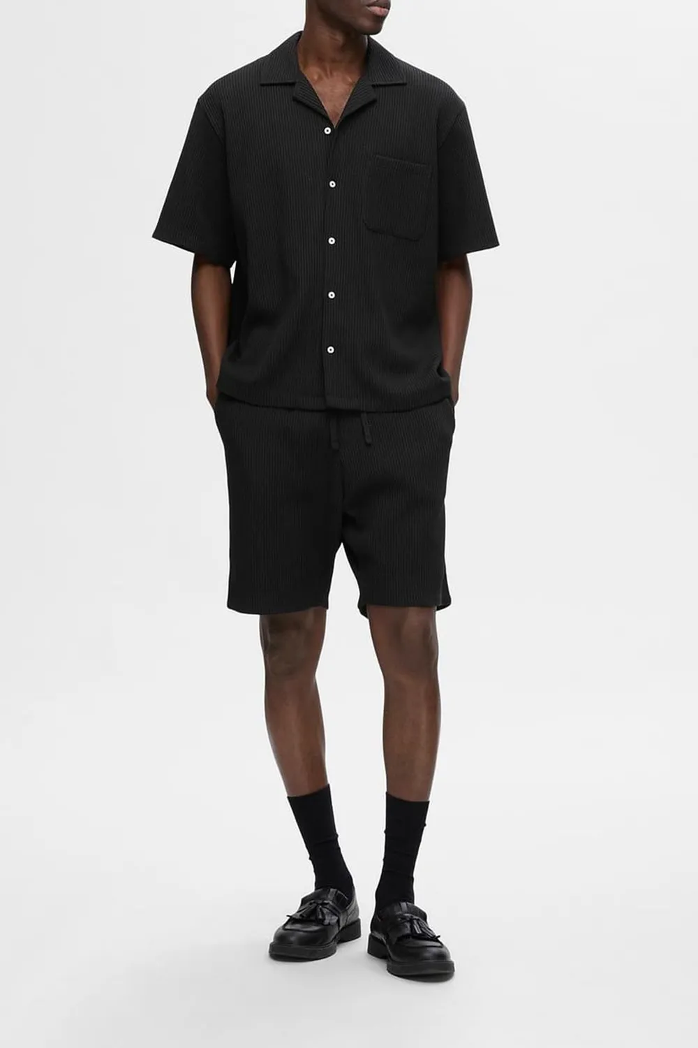 Black Waffle Textured Co-ord Set Shorts