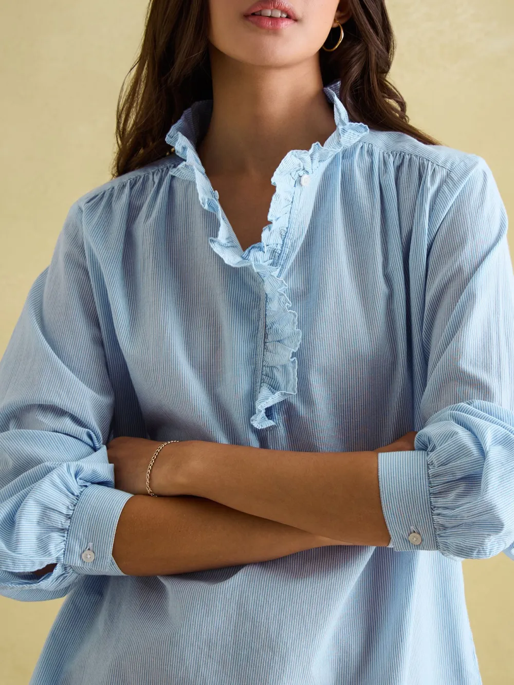 Regular Blue/White Cotton Ruffle Blouse