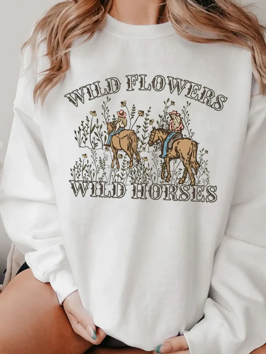 Wild West, Cowboy Knight and Flower Round Neck Sweatshirt