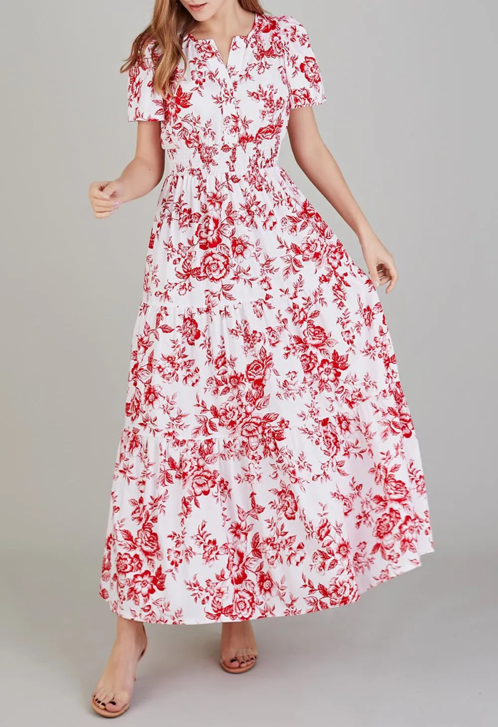 EBULLIENT RED FLOWER PRINTED MAXI DRESS