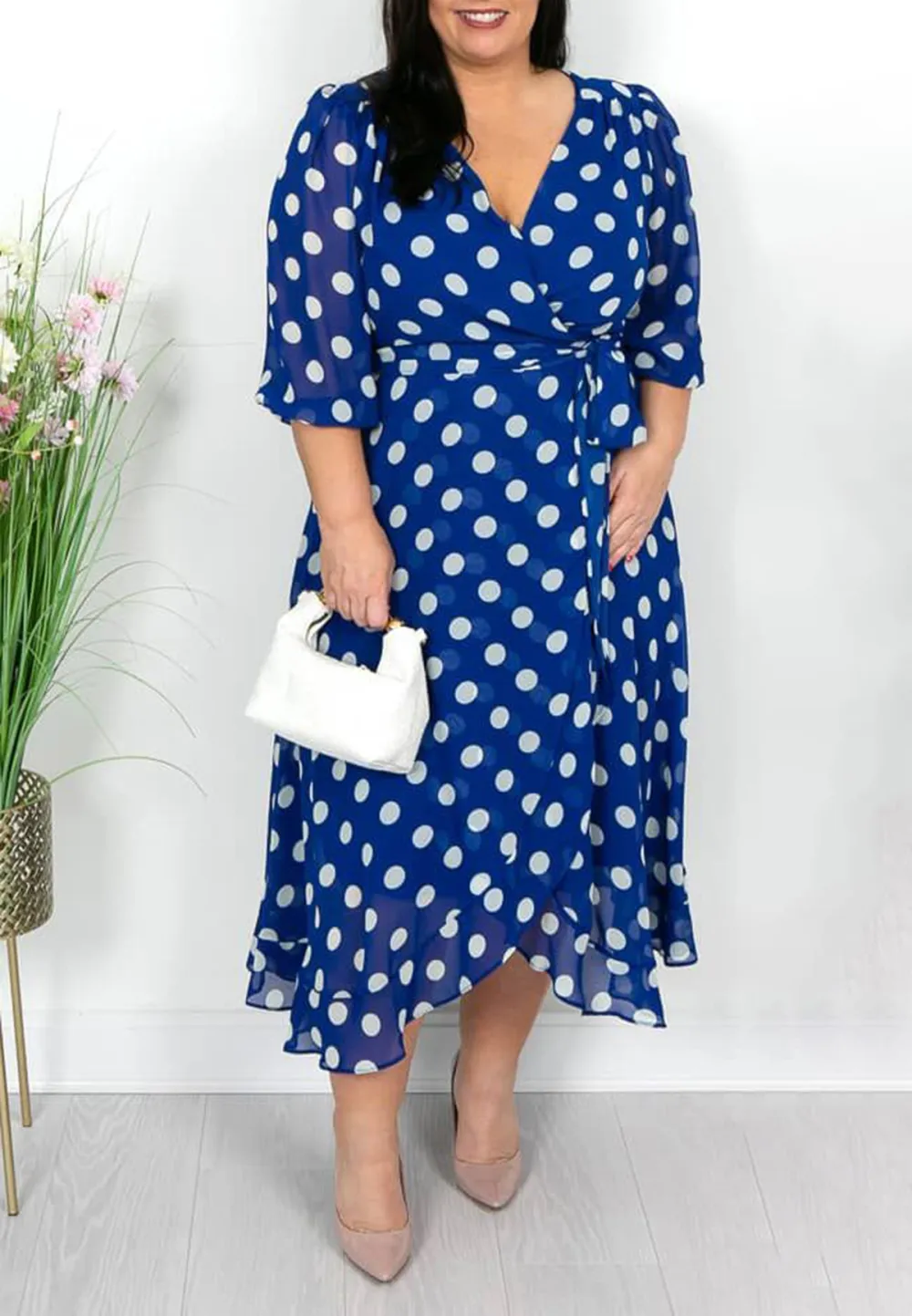 Royal Polka Dot Faux Wrap Dress