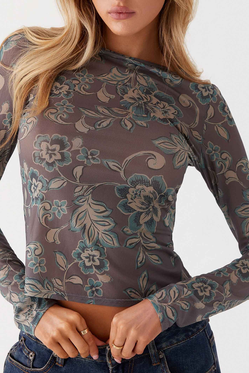 Long Sleeve Mesh Top - Brown Floral