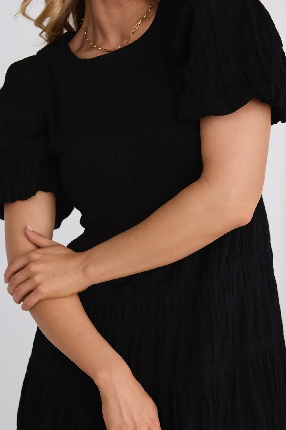 Graceful Black Shirred Cotton Bubble Sleeve Tiered Maxi Dress