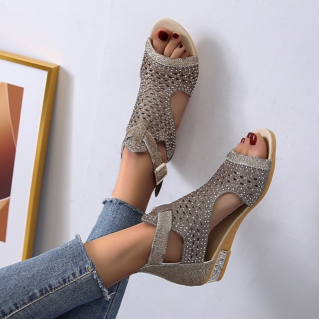 Women's Sandals Wedge Sandals Plus Size Party Outdoor Work Summer Spring Rhinestone Wedge Heel Peep Toe Elegant Classic Casual Faux Leather Zipper Solid Color Black Gold Beige