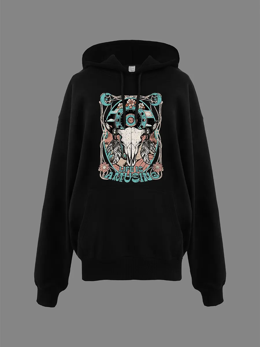 Leisure Western Bull Head and Slogan Pattern Hoodie