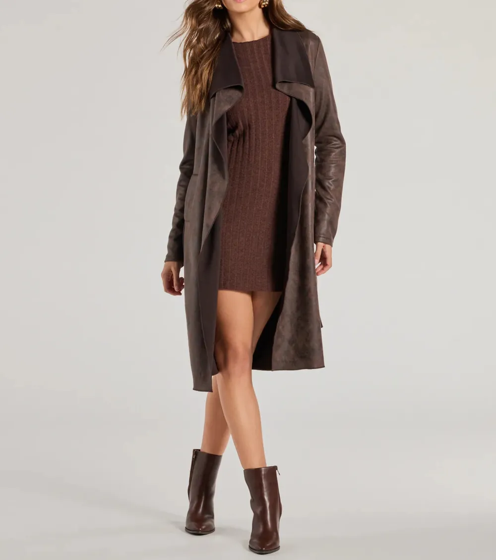 Chic Impression Faux Suede Belted Trench Coat