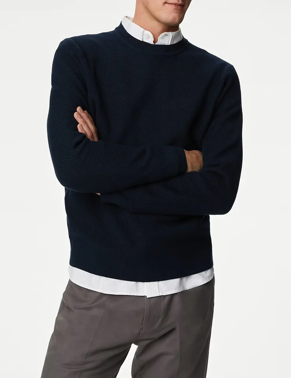 Cotton Blend Textured Crew Neck Jumper