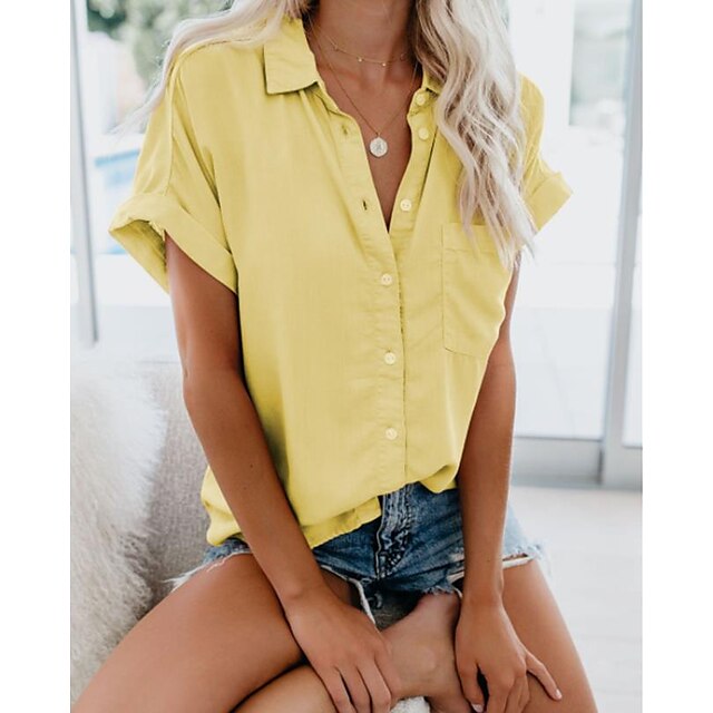 Women's Shirt Blouse Black White Yellow Plain Short Sleeve Work Basic Business Elegant Shirt Collar Regular S