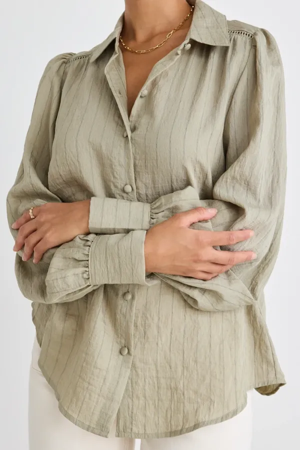 Bloom Khaki Stripe Lace Insert Blouse