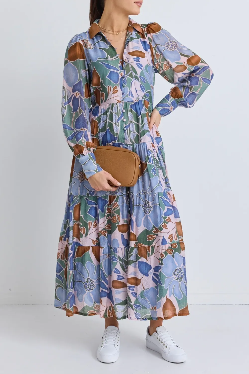 Adair Khaki Floral Long Sleeve Tiered Shirt Style Maxi Dress