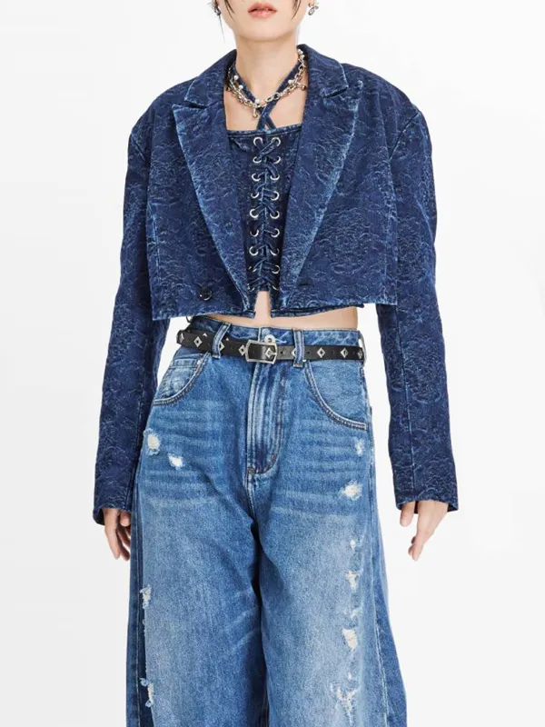 Cropped Jacquard Denim Blazer