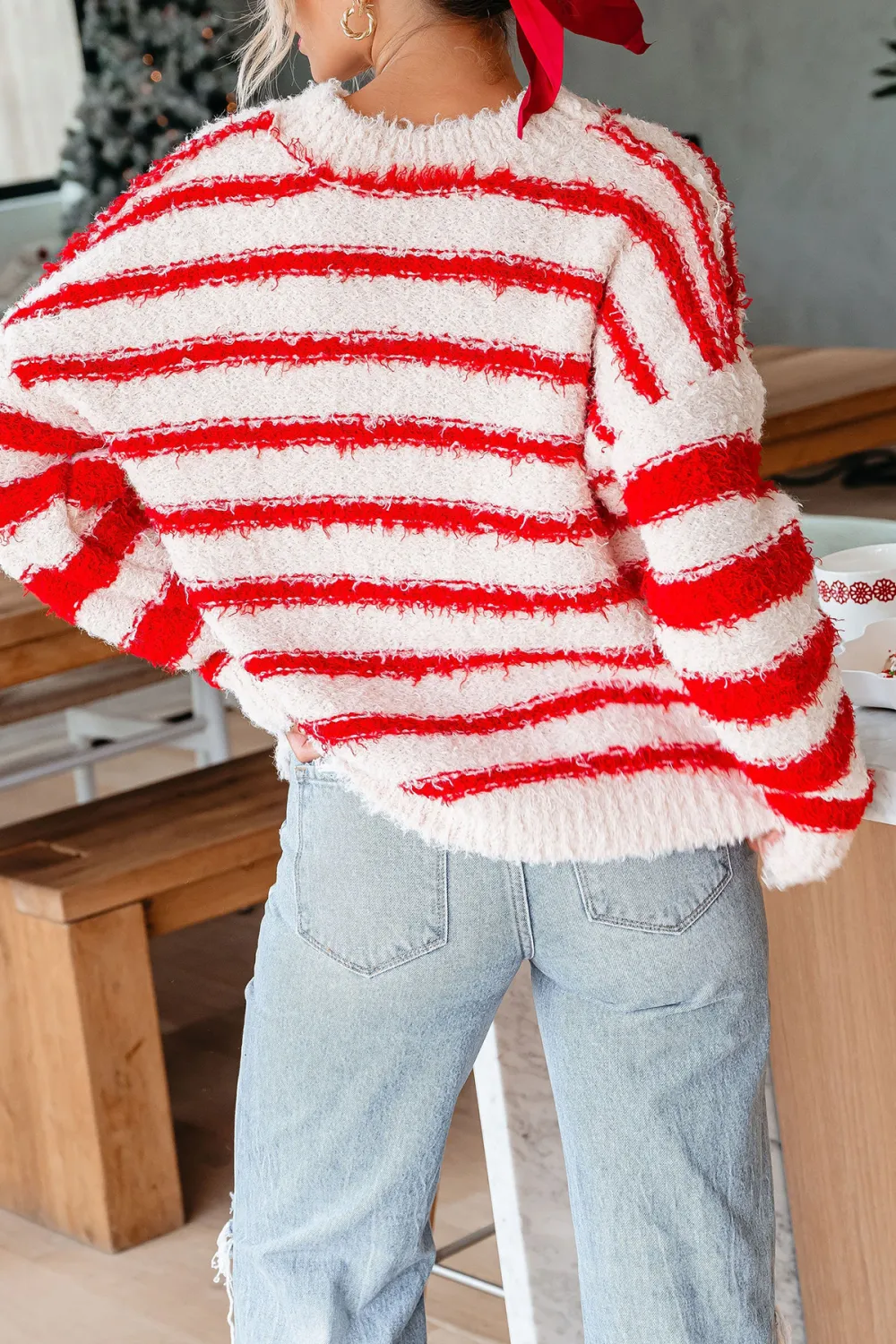 Fuzzy Red Striped Pullover Sweater