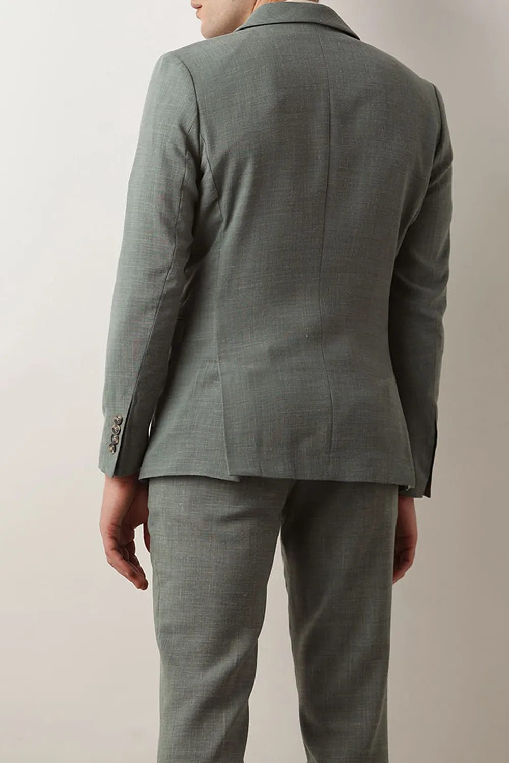 Green Linen Single Breasted Suit-Set Blazer