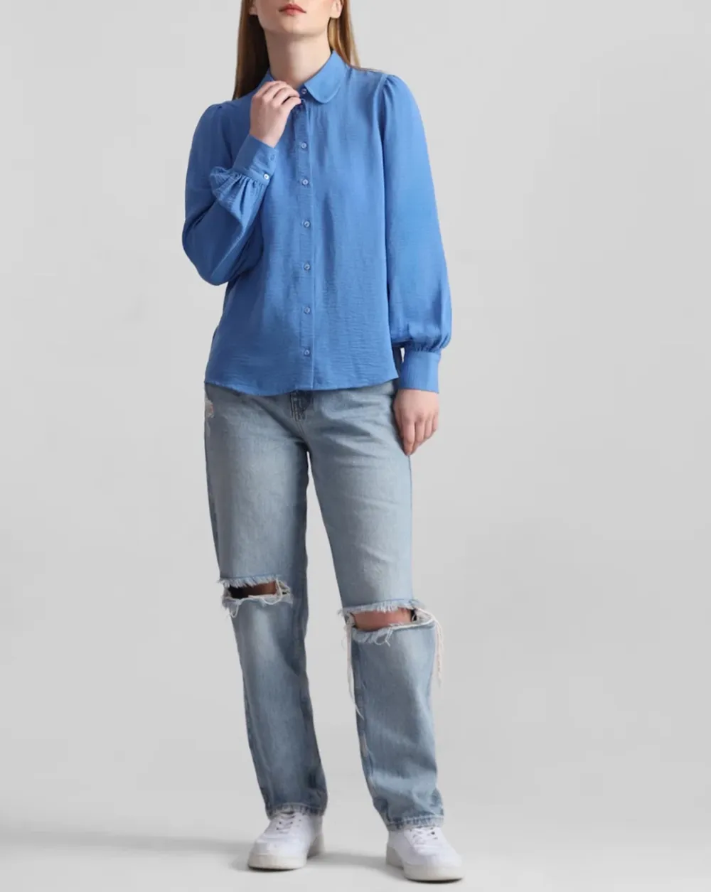 Blue Puff Sleeves Textured Shirt