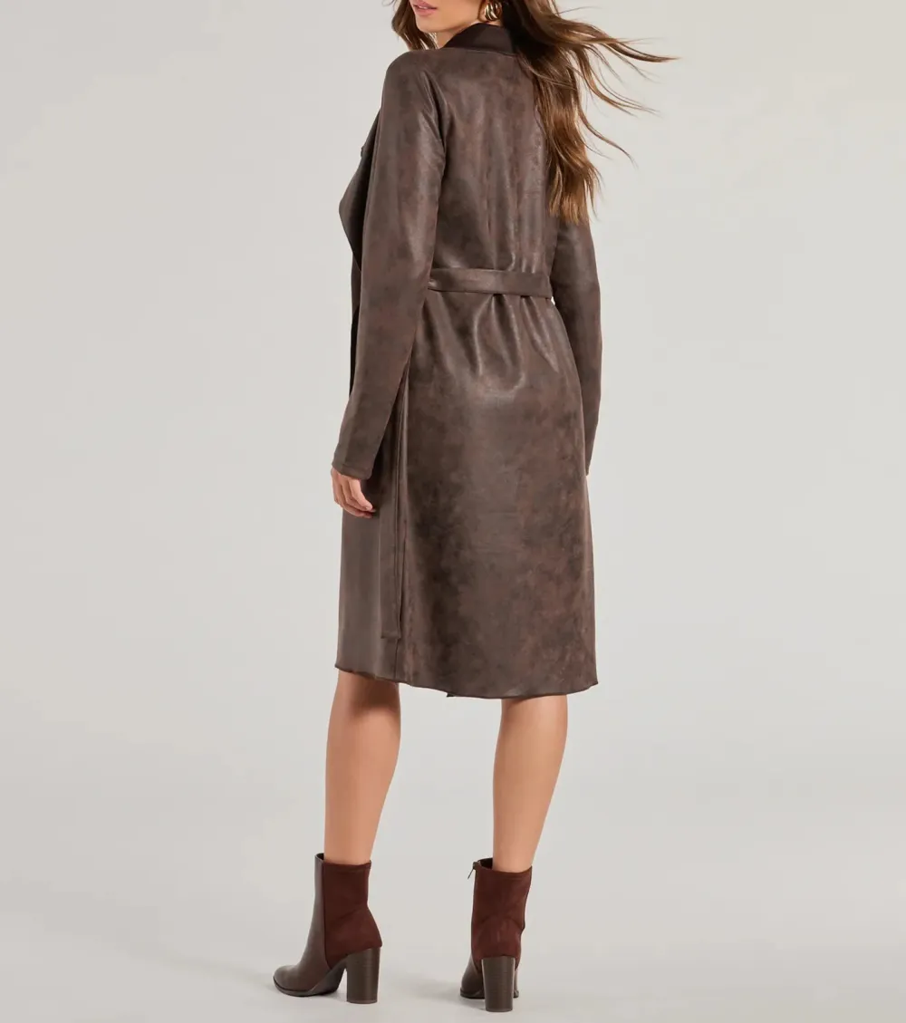 Chic Impression Faux Suede Belted Trench Coat